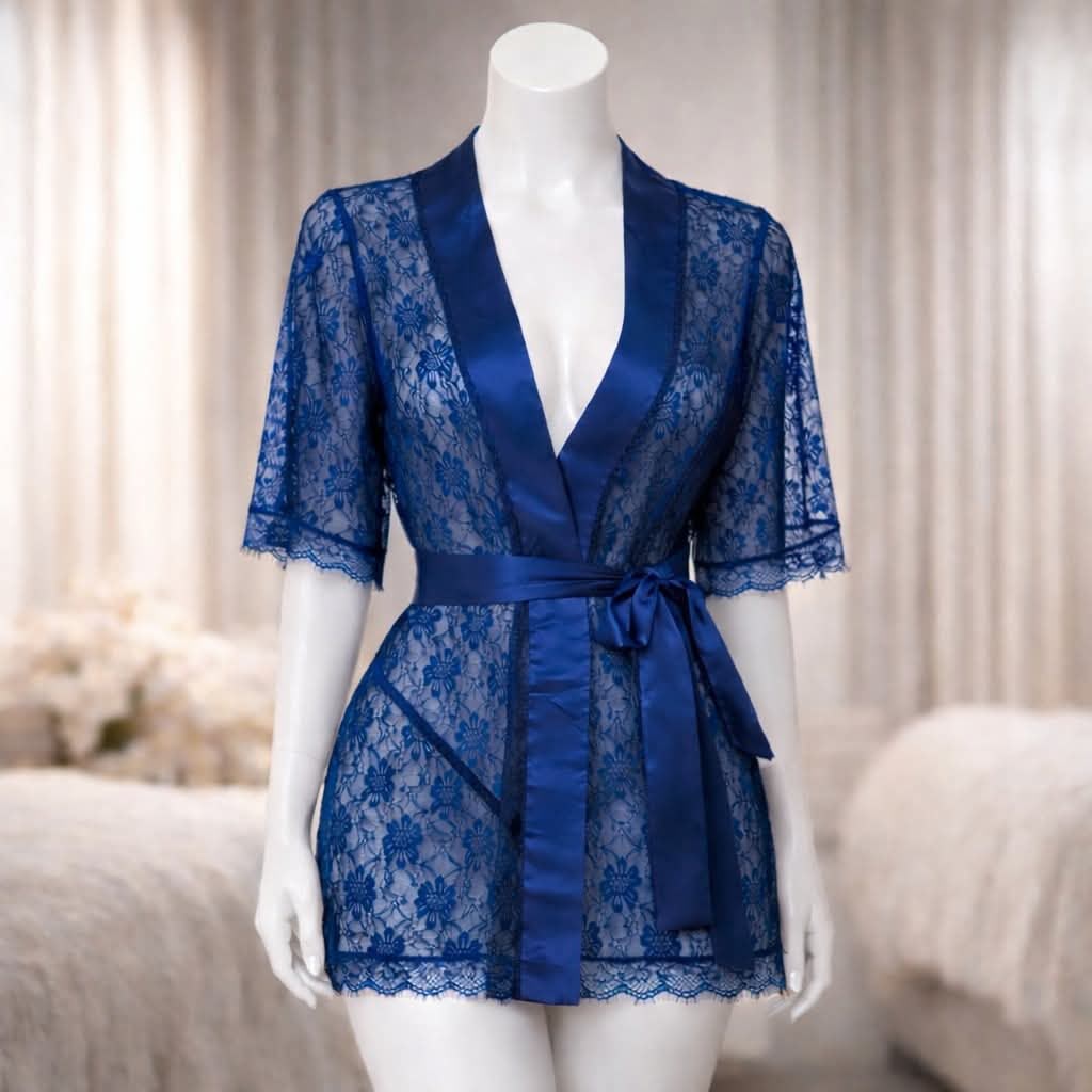 Women's Lace Kimono Robe Hollow Babydoll Sexy Lingerie Set