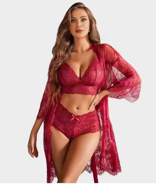 3-Piece Luxury Lace Gown Set Sexy And Charming Design Sleepwear Set, For Women