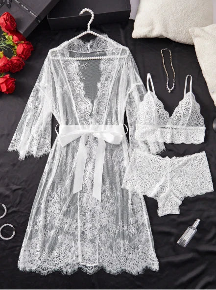 3-Piece Luxury Lace Gown Set Sexy And Charming Design Sleepwear Set, For Women