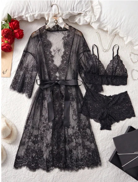 3-Piece Luxury Lace Gown Set Sexy And Charming Design Sleepwear Set, For Women