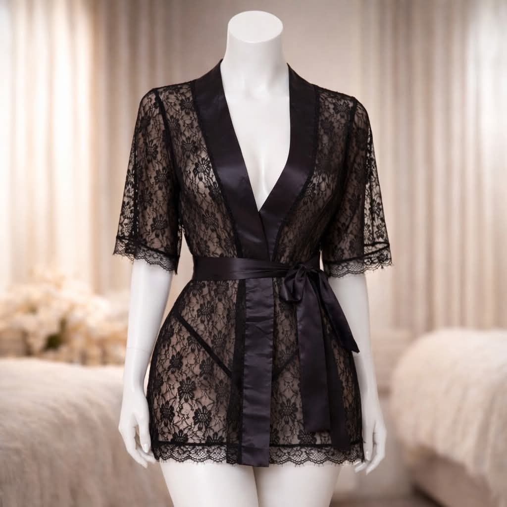 Women's Lace Kimono Robe Hollow Babydoll Sexy Lingerie Set
