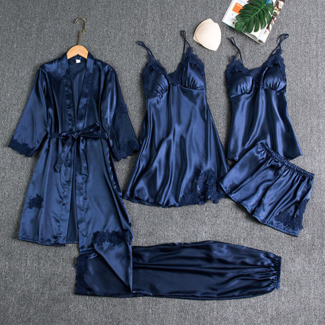Silk Satin Pajama Set Cami Top Nightgown Sexy Sleepwear Robe Sets Lace Nightdress