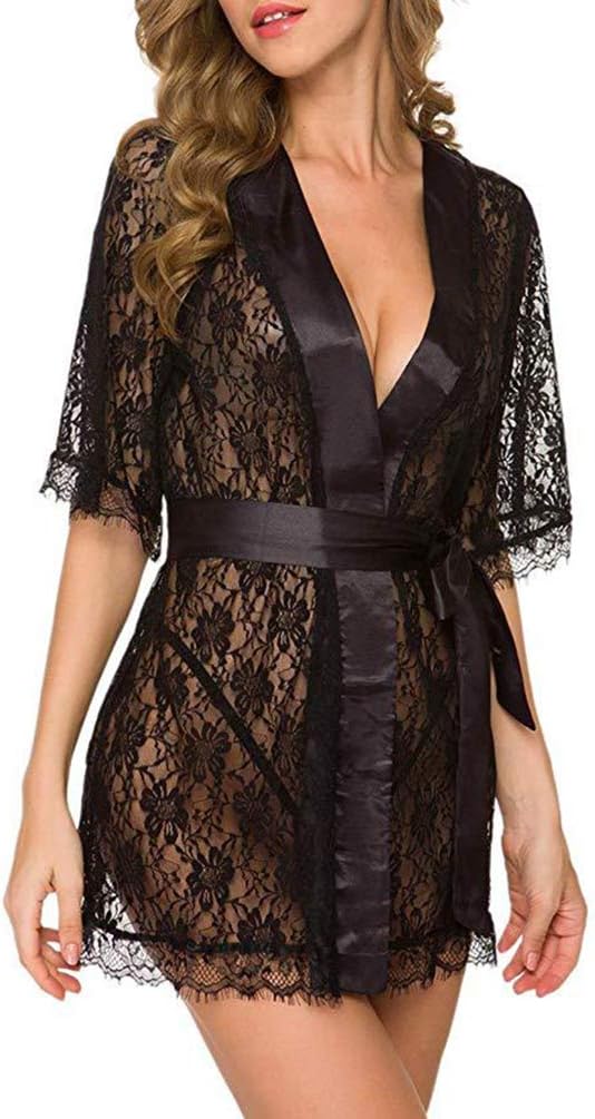 Women's Lace Kimono Robe Hollow Babydoll Sexy Lingerie Set