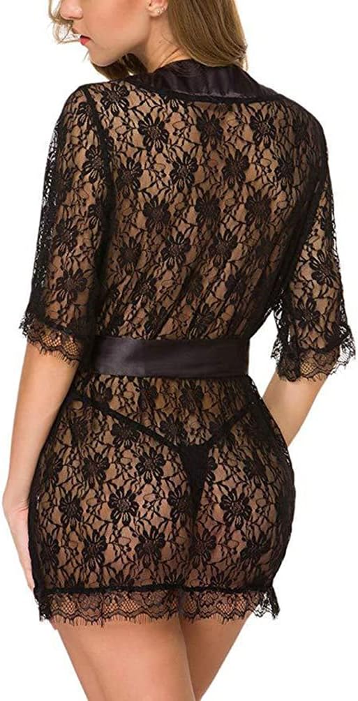 Women's Lace Kimono Robe Hollow Babydoll Sexy Lingerie Set