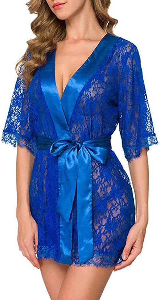 Women's Lace Kimono Robe Hollow Babydoll Sexy Lingerie Set