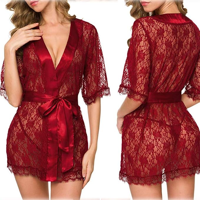 Women's Lace Kimono Robe Hollow Babydoll Sexy Lingerie Set