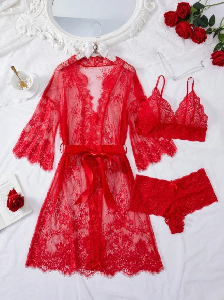 3-Piece Luxury Lace Gown Set Sexy And Charming Design Sleepwear Set, For Women