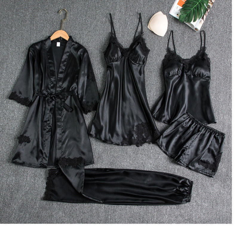 Silk Satin Pajama Set Cami Top Nightgown Sexy Sleepwear Robe Sets Lace Nightdress
