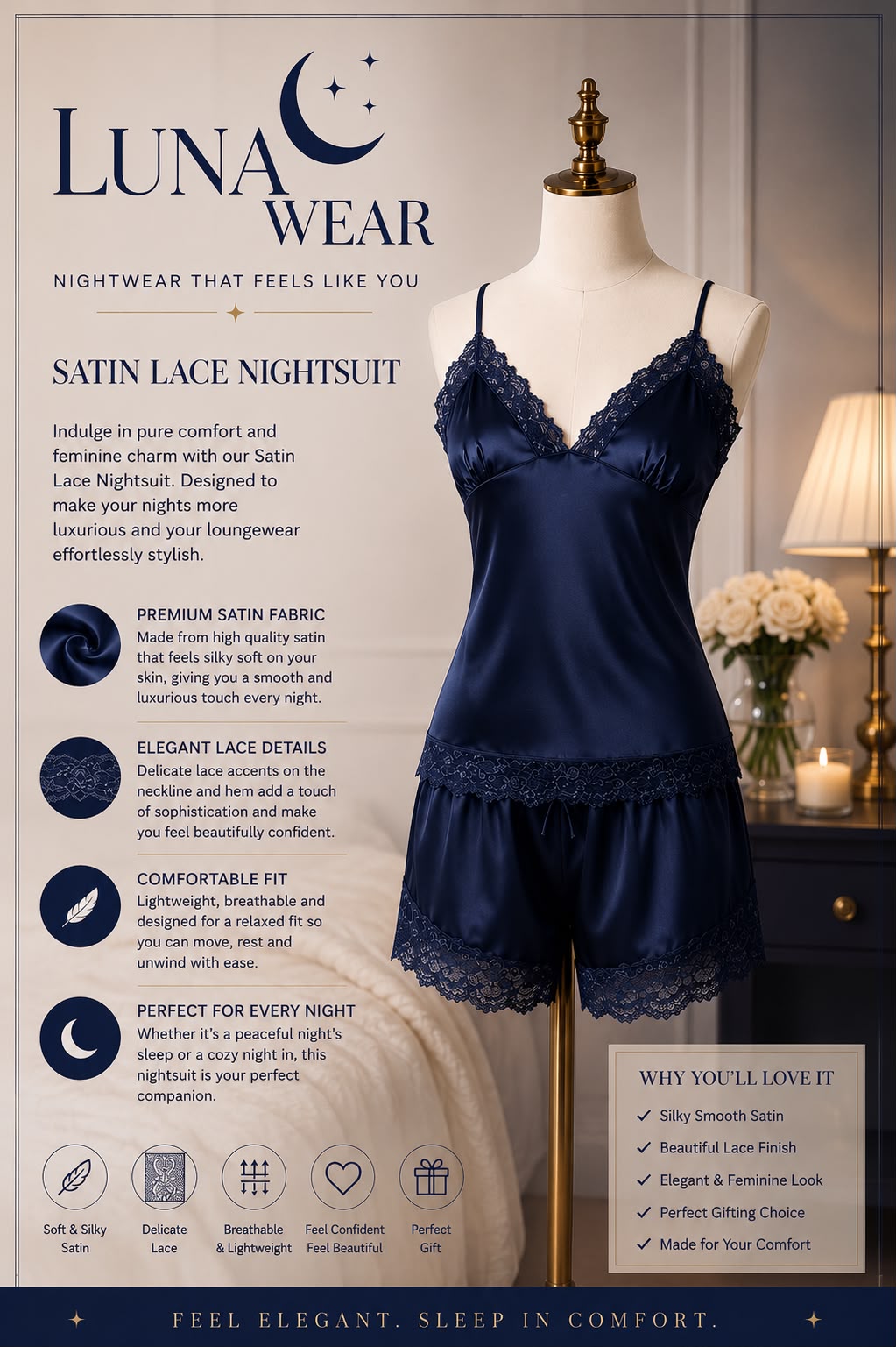 Satin Lace Nightsuit | Silk Collection