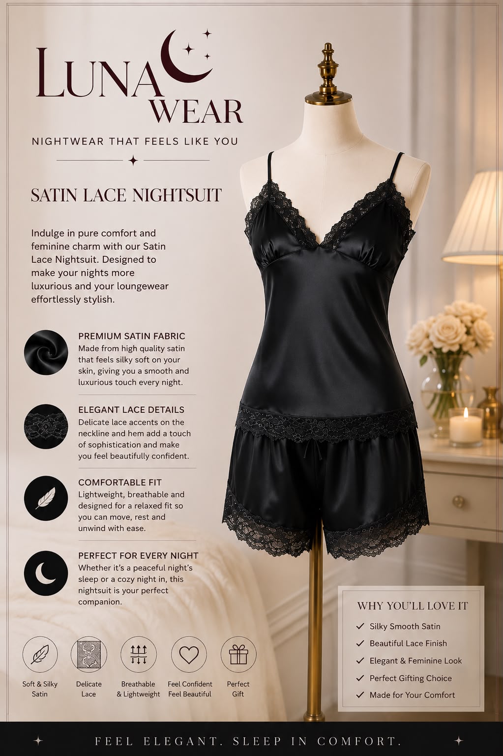 Satin Lace Nightsuit | Silk Collection