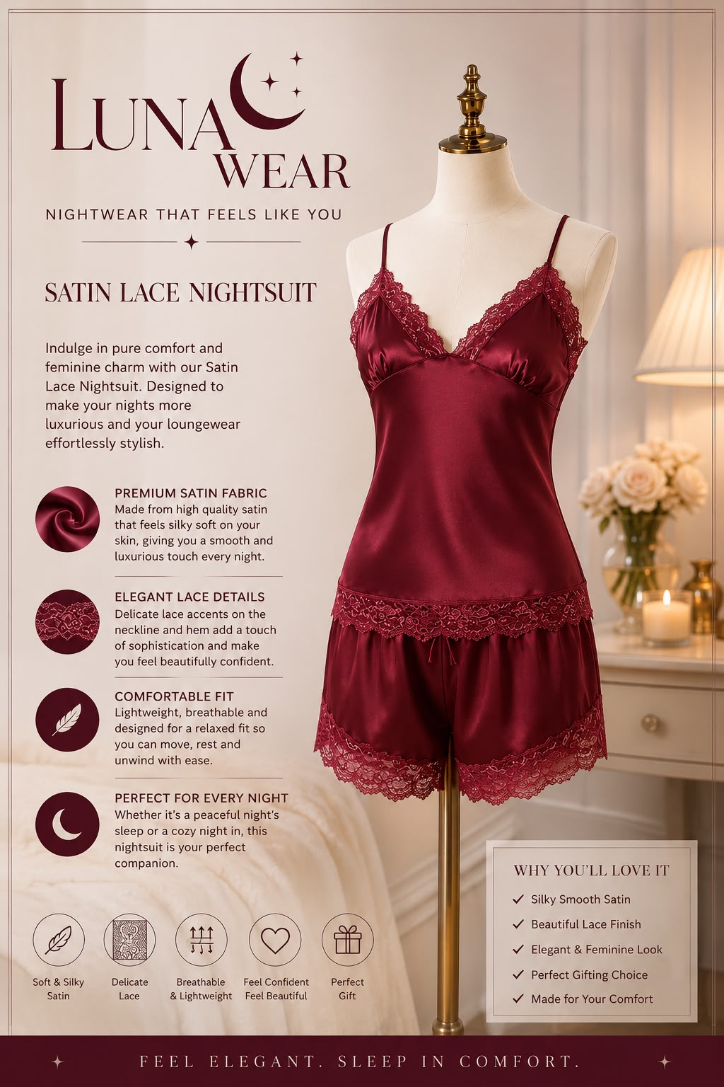 Satin Lace Nightsuit | Silk Collection