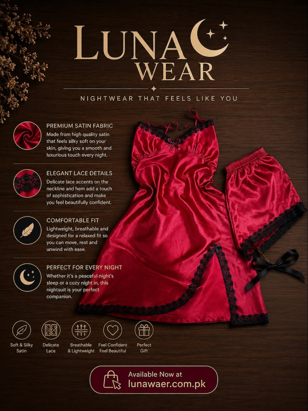 Premium Satin Nightwear | With Elegant Lace