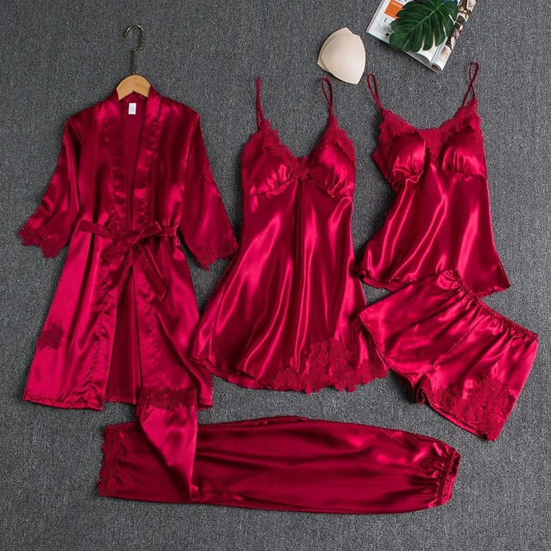 Silk Satin Pajama Set Cami Top Nightgown Sexy Sleepwear Robe Sets Lace Nightdress
