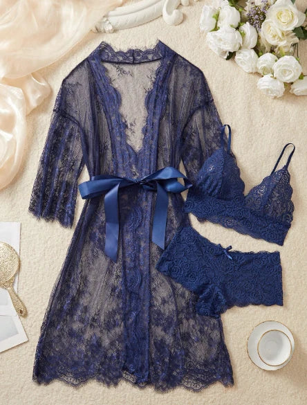 3-Piece Luxury Lace Gown Set Sexy And Charming Design Sleepwear Set, For Women