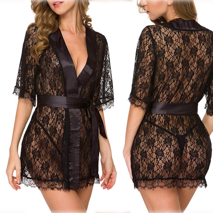 Women's Lace Kimono Robe Hollow Babydoll Sexy Lingerie Set